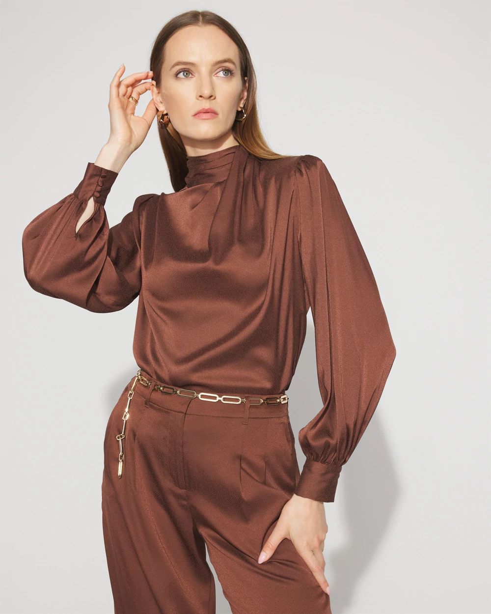 Petite Mock Neck Satin Jacquard Blouse | White House Black Market